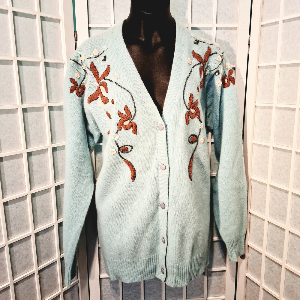 Dopio Angora/WooI Light Blue Cardigan with Floral Embroidery 6259